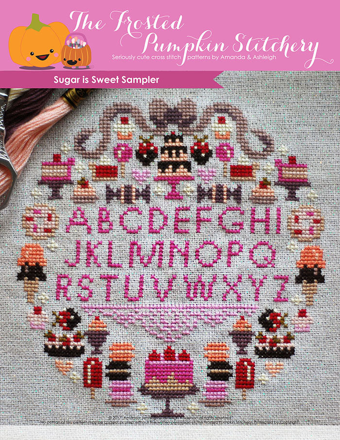 Sugar is Sweet counted cross stitch pattern. A hot pink alphabet surrounded by baked goods, doughnuts and sweet treats.