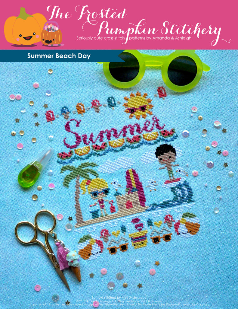 Summer Beach Day counted cross stitch pattern. A blonde haired girl and black haired boy are playing at the beach. Text reads "Summer".