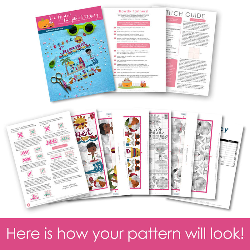 Graphic of how your cross stitch pattern will look. The pages are fanned out.