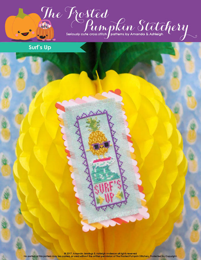 Surf's Up counted cross stitch pattern. A surfing pineapple on a bookmark. Text reads "Surf's Up".