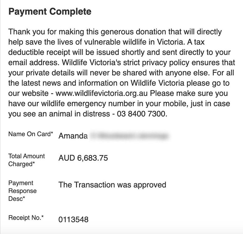 Donation Page. Text reads "Thank you for making this generous donation that will directly help save the lives of vulnerable wildlife in Victoria. A tax deductible receipt will be issued shortly and sent directly to your email address."