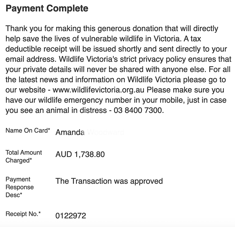 Donation Page. Text reads "Thank you for making this generous donation that will directly help save the lives of vulnerable wildlife in Victoria. A tax deductible receipt will be issued shortly and sent directly to your email address."