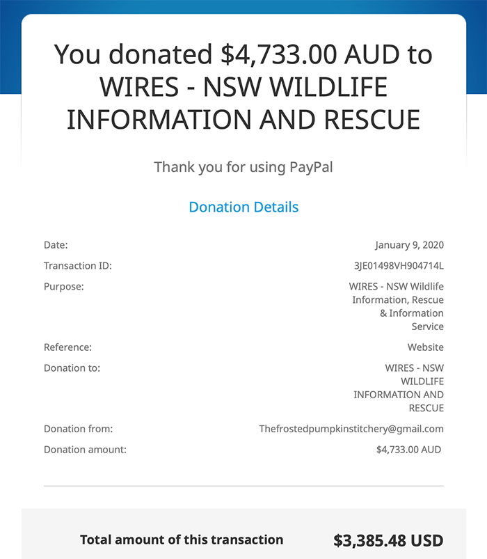 Donation Page. Text reads "You donated $4,733.00 AUD to WIRES - NSW WILDLIFE INFORMATION AND RESCUE"