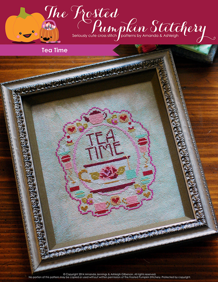 Tea Time counted cross stitch pattern. A cup of tea with a tea bag, surrounded by various tea time treats such as sugar cubes, macarons and biscuits.