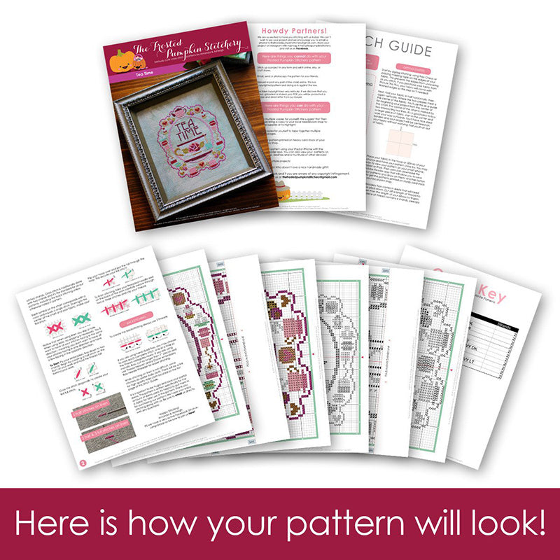 Graphic of how your cross stitch pattern will look. The pages are fanned out.