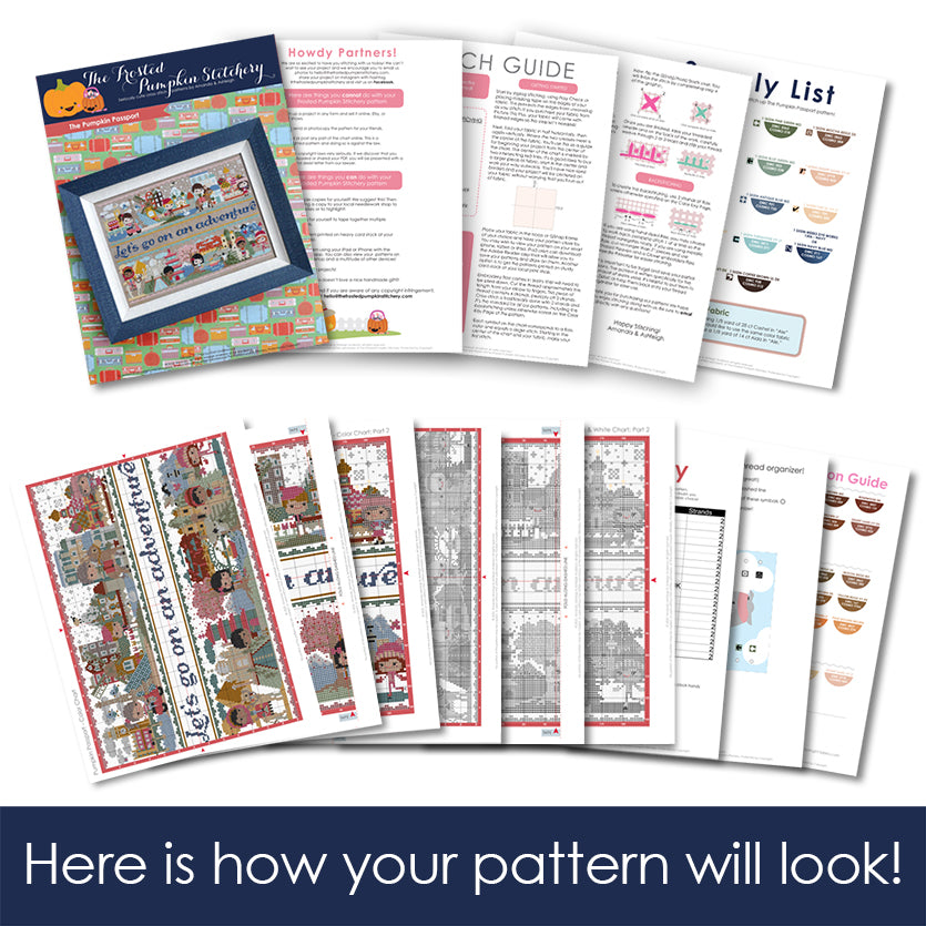 Graphic of how your cross stitch pattern will look. The pages are fanned out.