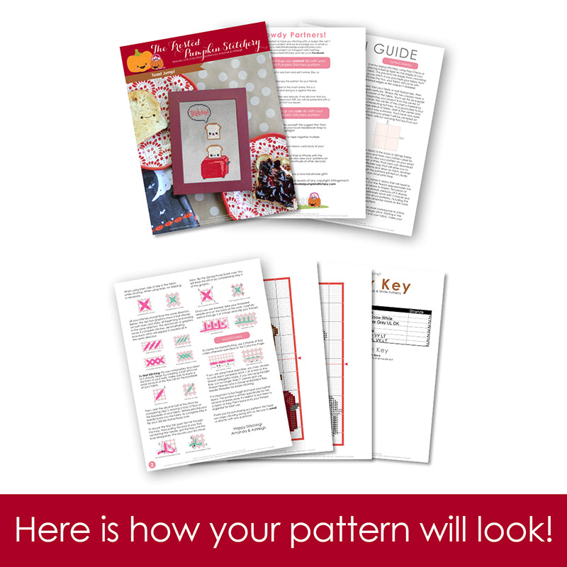 Graphic of how your cross stitch pattern will look. The pages are fanned out.