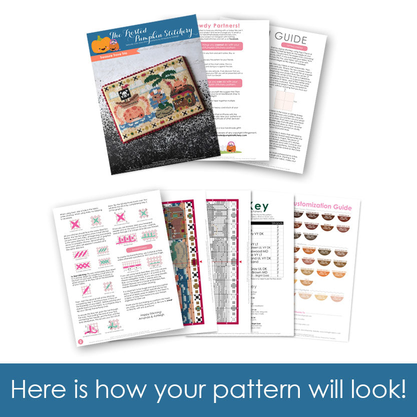 Graphic of how your cross stitch pattern will look. The pages are fanned out.