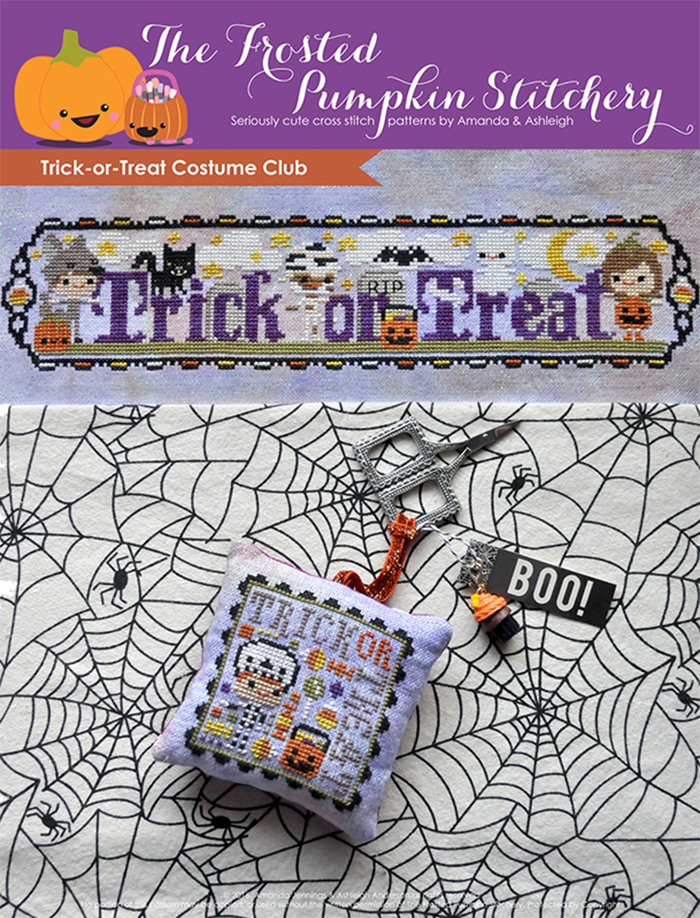 Trick or Treat Costume Club counted cross stitch pattern. Three trick-or-treaters dressed as a wolf, a mummy and a pumpkin. Text says "Trick or Treat".