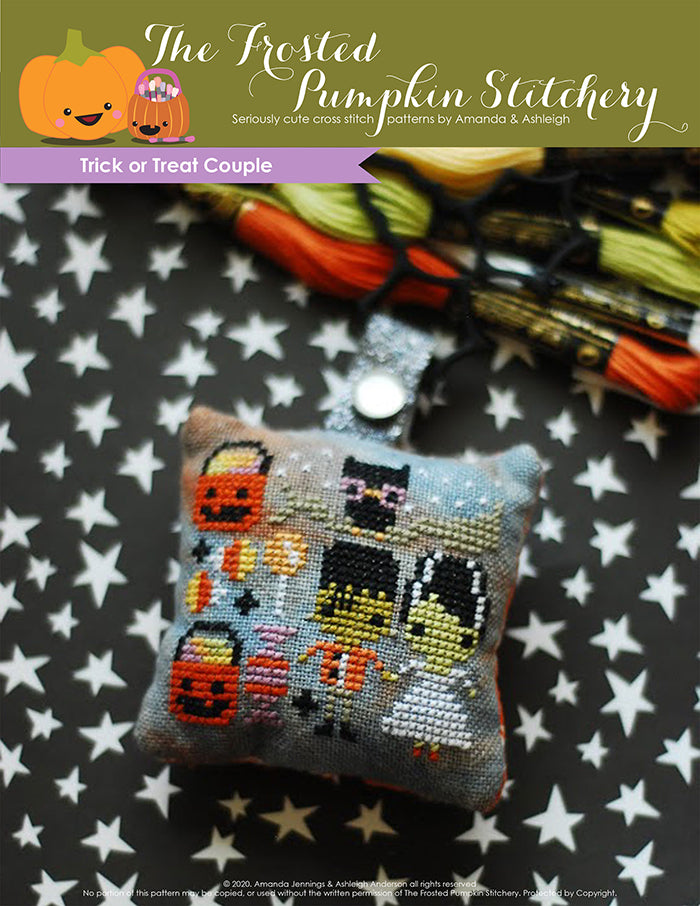 Trick or Treat Couple Counted Cross Stitch Pattern. Frankenstein and his Bride are getting ready for Halloween night. Surrounded by pumpkin candy buckets and candy. Above them sits an owl on a branch.