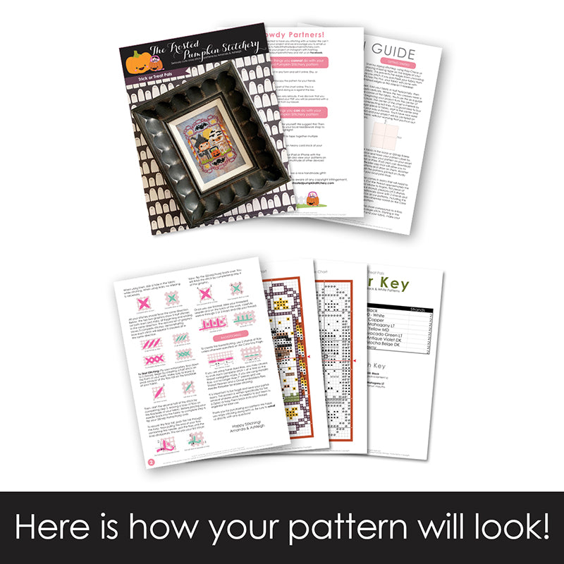 Graphic of how your cross stitch pattern will look. The pages are fanned out.