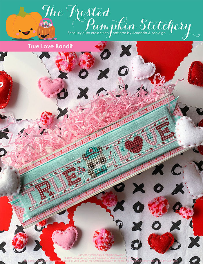 True Love Bandit  cross stitch pattern. Stitched on aqua fabric, a raccoon dressed as a mail man is surrounded by the words True Love.