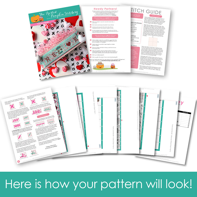 Graphic of how your cross stitch pattern will look. The pages are fanned out.