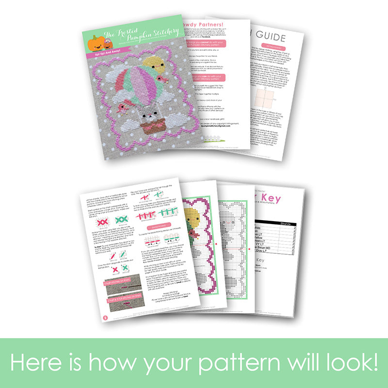 Graphic of how your cross stitch pattern will look. The pages are fanned out.