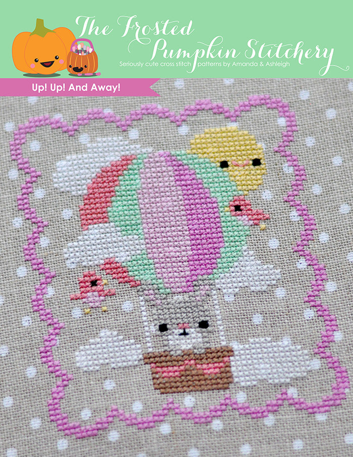 Up Up and Away counted cross stitch pattern. A bunny riding in a hot air balloon in the sky.