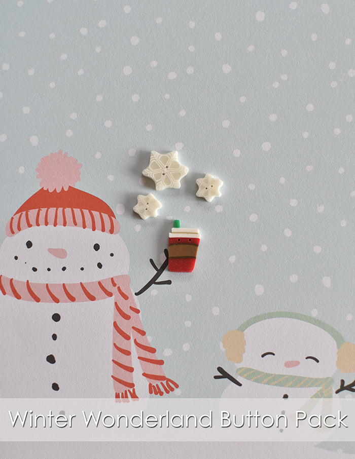 Winter Wonderland Just Another Button Company pack. Coffee cup, large snowflake and tiny snowflake buttons.