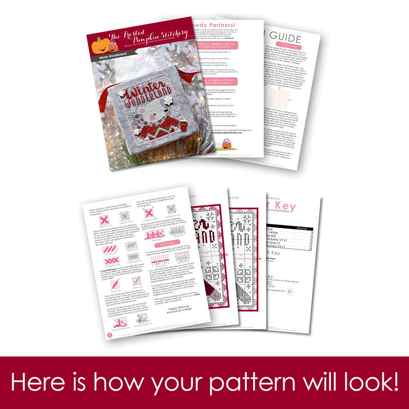 Graphic of how your cross stitch pattern will look. The pages are fanned out.