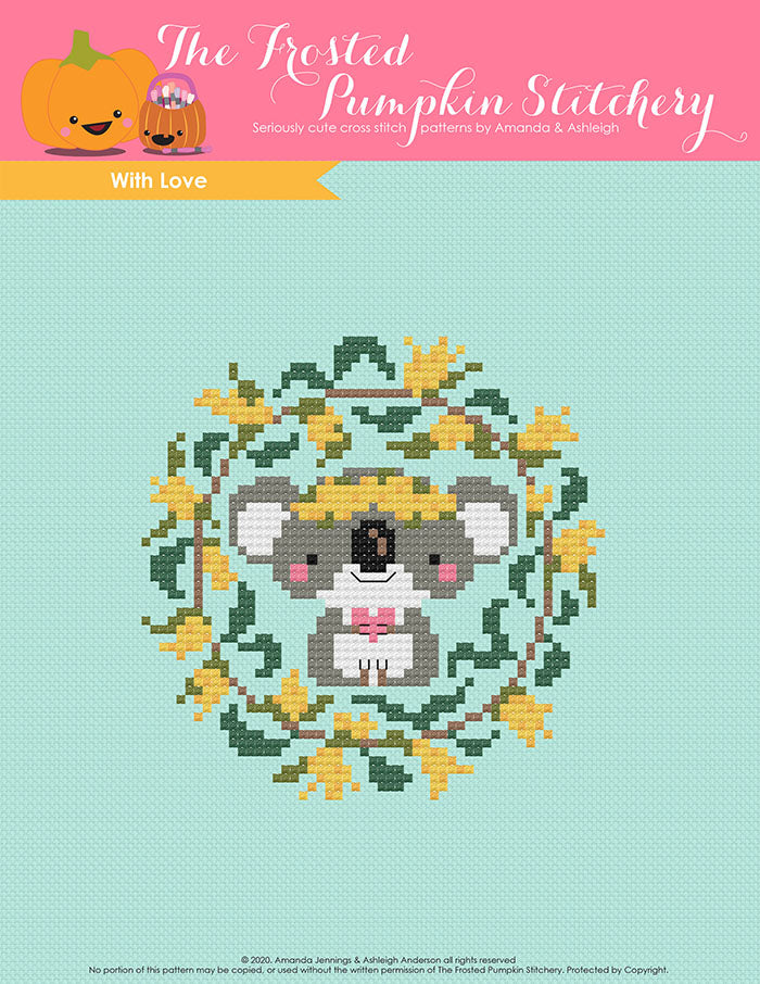 With Love counted cross stitch pattern. A koala holds a heart and is surrounded by golden wattle.