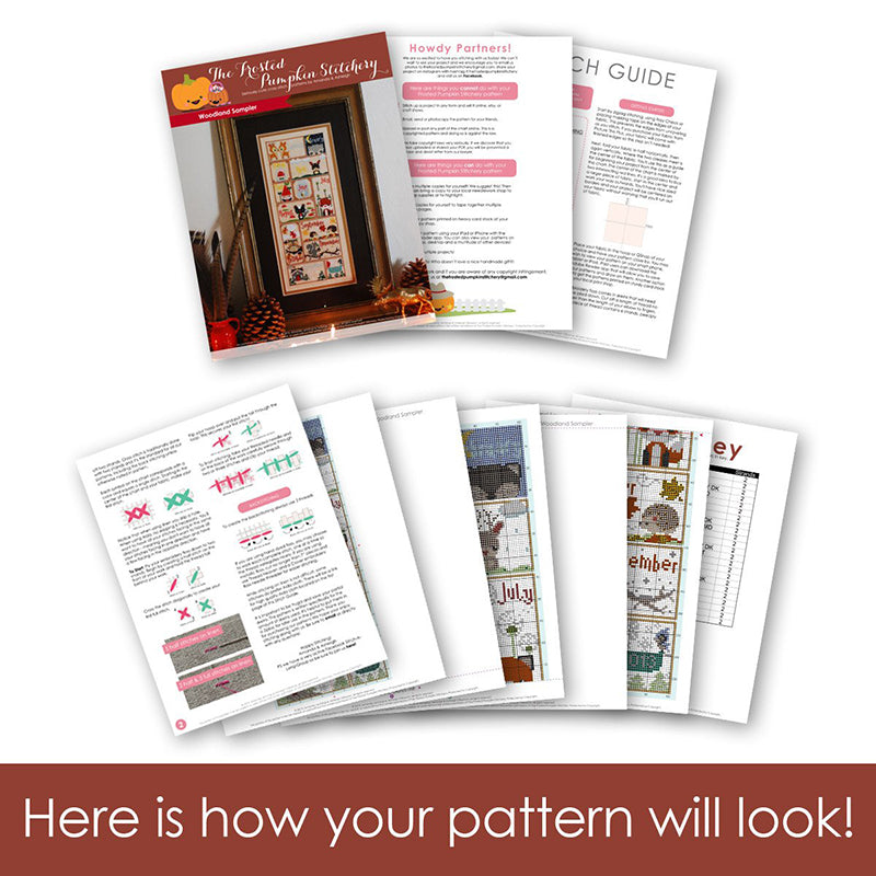 Graphic of how your cross stitch pattern will look. The pages are fanned out.