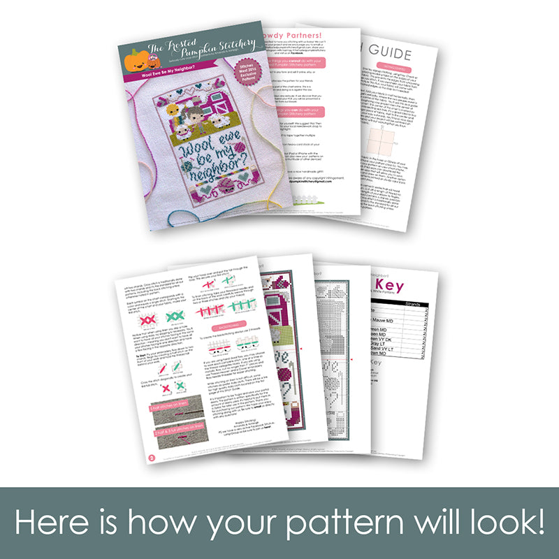 Graphic of how your cross stitch pattern will look. The pages are fanned out.
