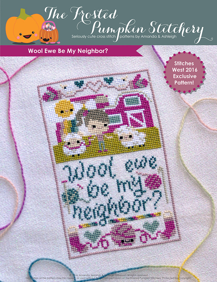 Wool Ewe Be My Neighbor counted cross stitch pattern. Sheep are with a farmer with pale skin and gray brown hair with a pink barn in the background. Text reads "wool ewe be my neighbor?"