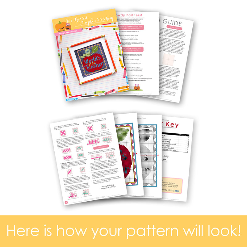 Graphic of how your cross stitch pattern will look. The pages are fanned out.