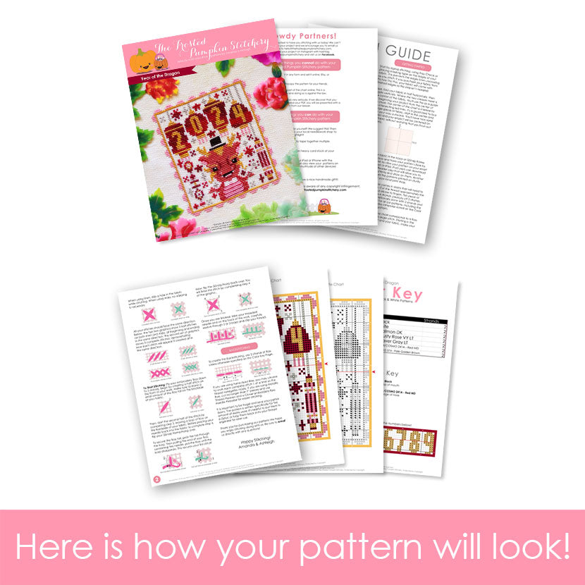Graphic of how your cross stitch pattern will look. The pages are fanned out.