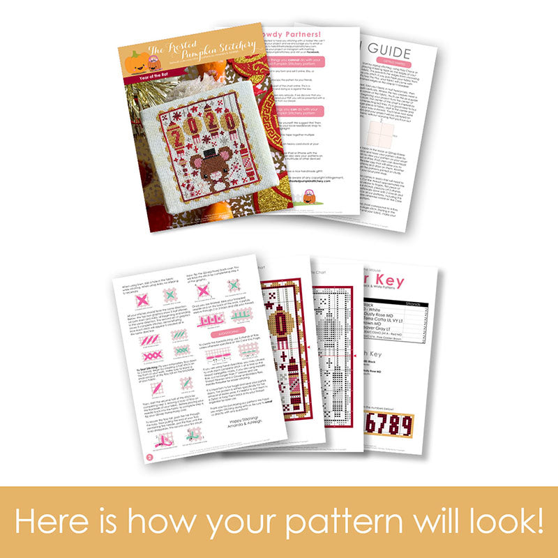 Graphic of how your cross stitch pattern will look. The pages are fanned out.