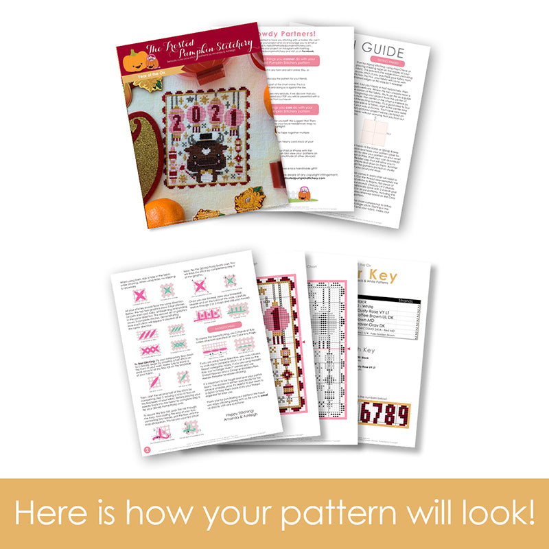 Graphic of how your cross stitch pattern will look. The pages are fanned out.