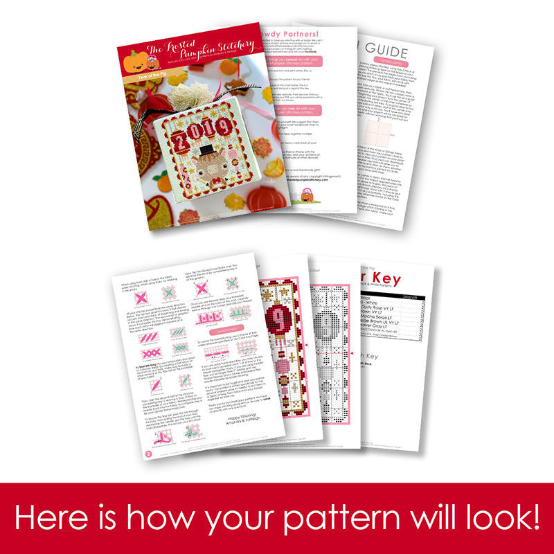 Graphic of how your cross stitch pattern will look. The pages are fanned out.