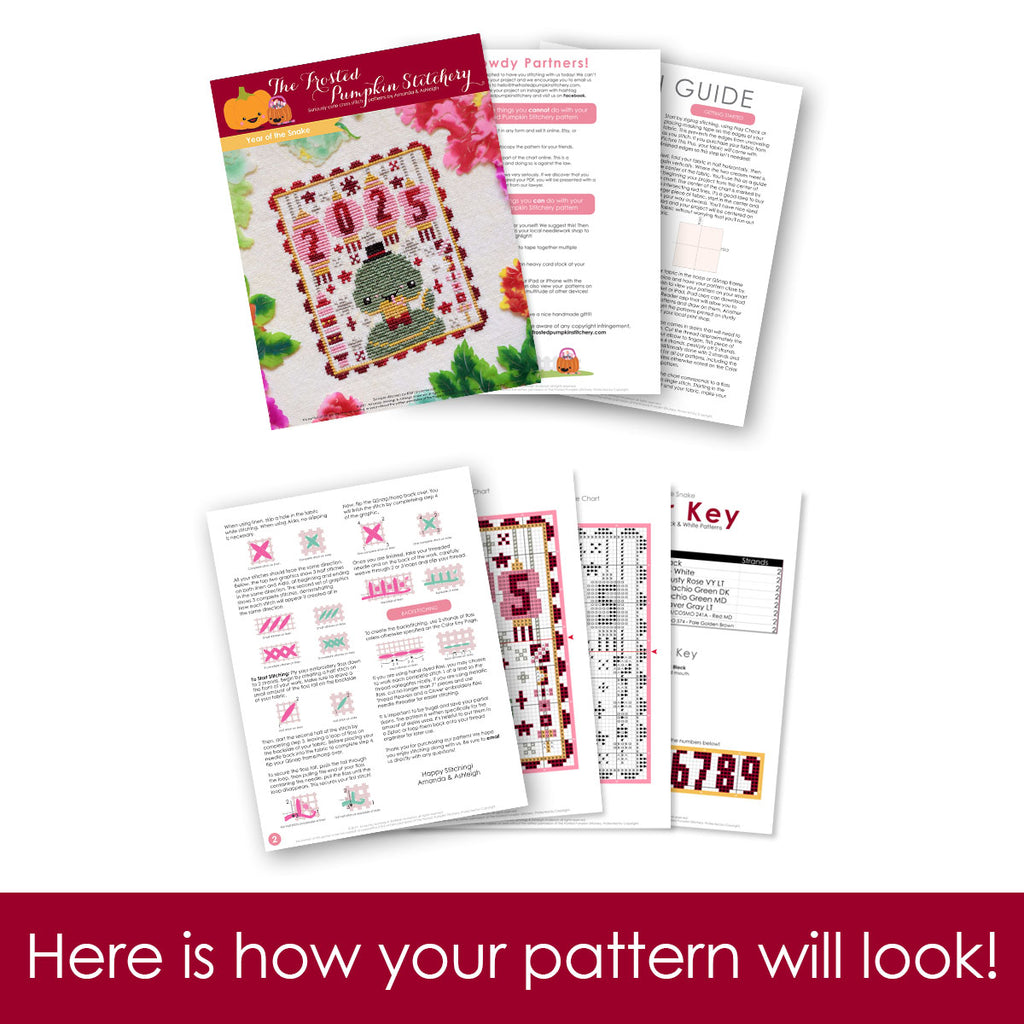 Graphic of how your cross stitch pattern will look. The pages are fanned out.