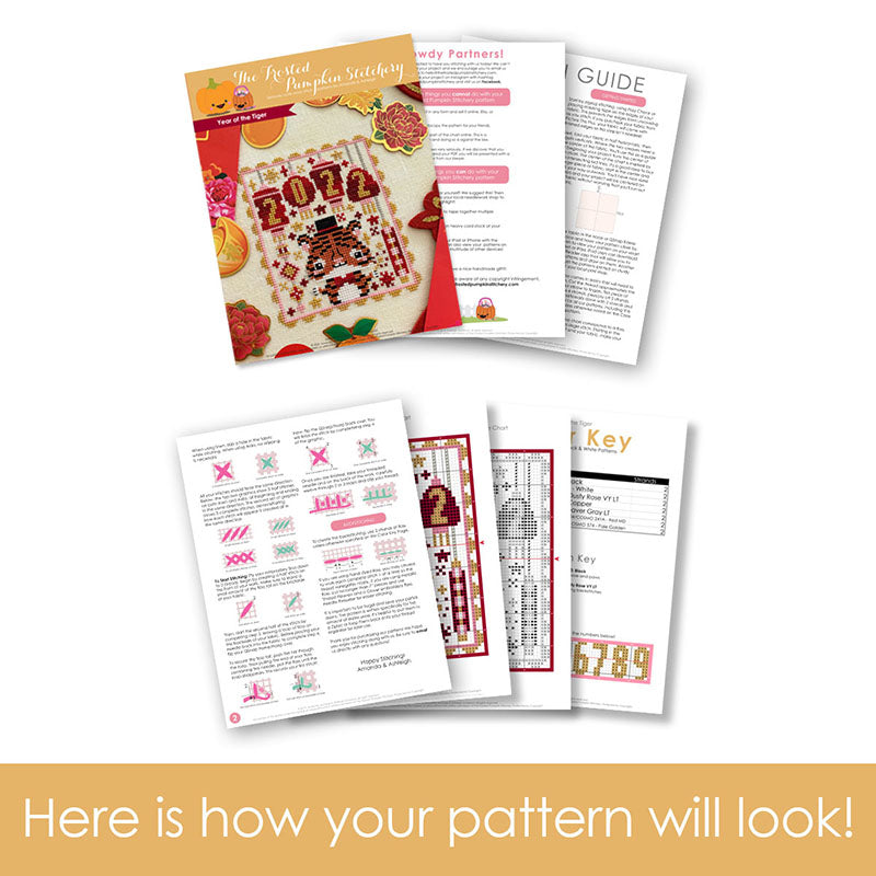 Graphic of how your cross stitch pattern will look. The pages are fanned out.