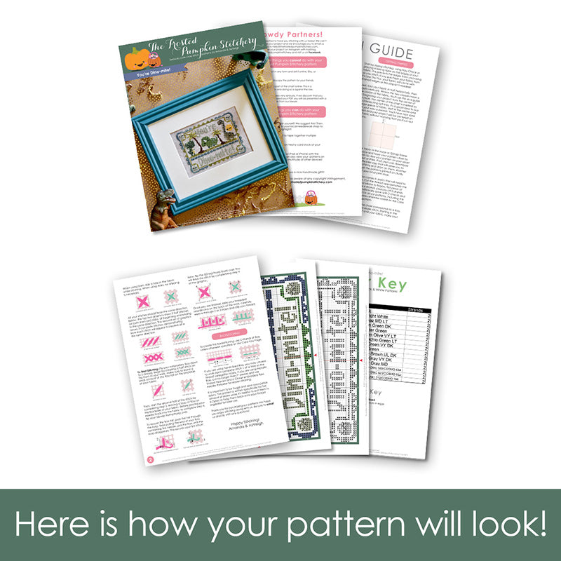 Graphic of how your cross stitch pattern will look. The pages are fanned out.
