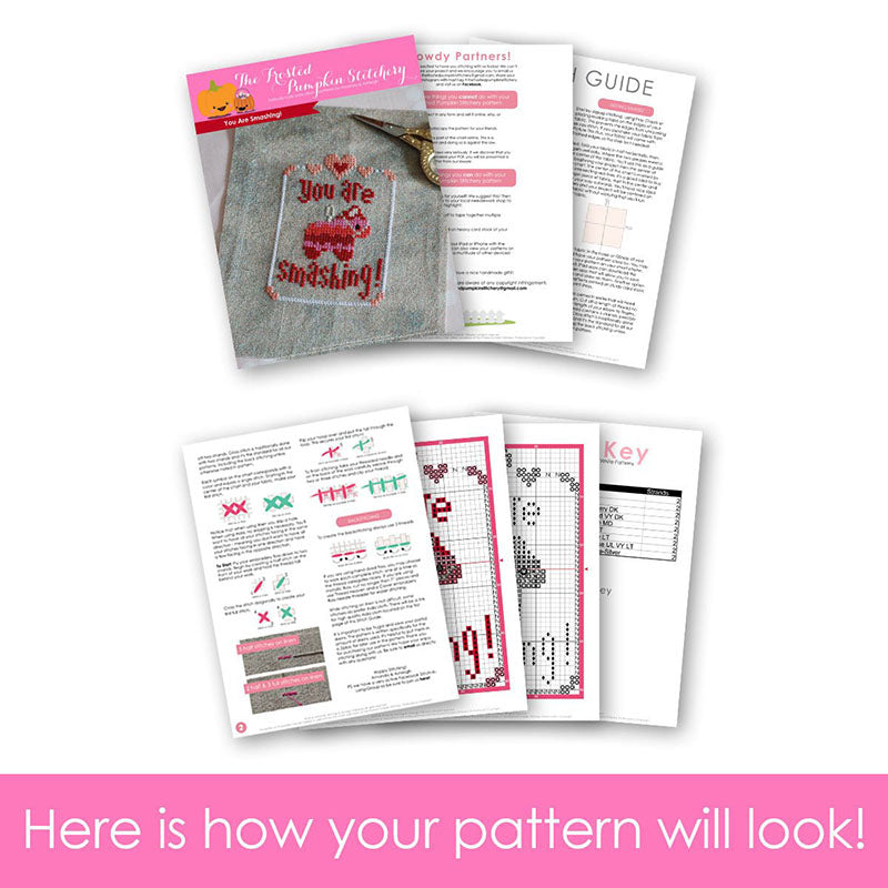 Graphic of how your cross stitch pattern will look. The pages are fanned out.