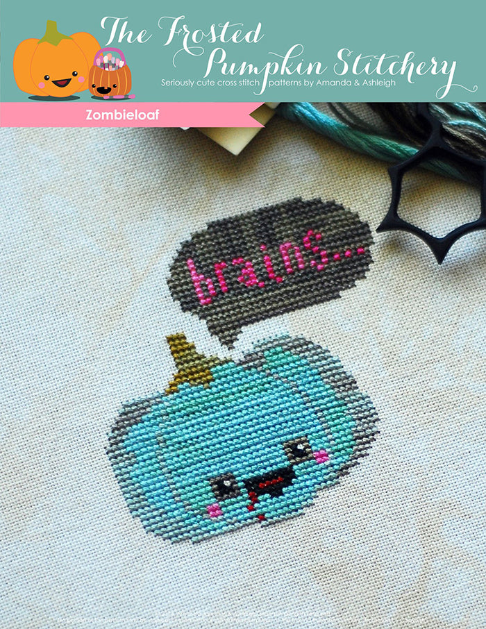 Zombieloaf counted cross stitch pattern. A green zombie pumpkin says "Brains..." 