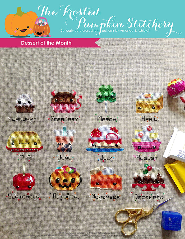 Dessert of the Month counted cross stitch pattern. Twelve kawaii desserts, one for each month. 