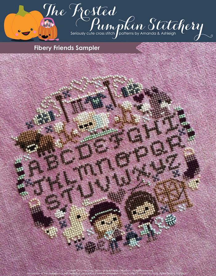 Fiber-y friends counted cross stitch pattern. Traditional alphabet sampler surrounded by two friends knitting, sheep, wool, scarves, alpaca, bunnies and a yak.