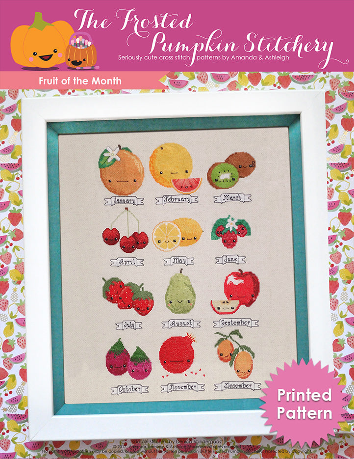Fruit of the Month counted cross stitch pattern. Twelve kawaii seasonal fruits, all with faces. Printed Pattern.